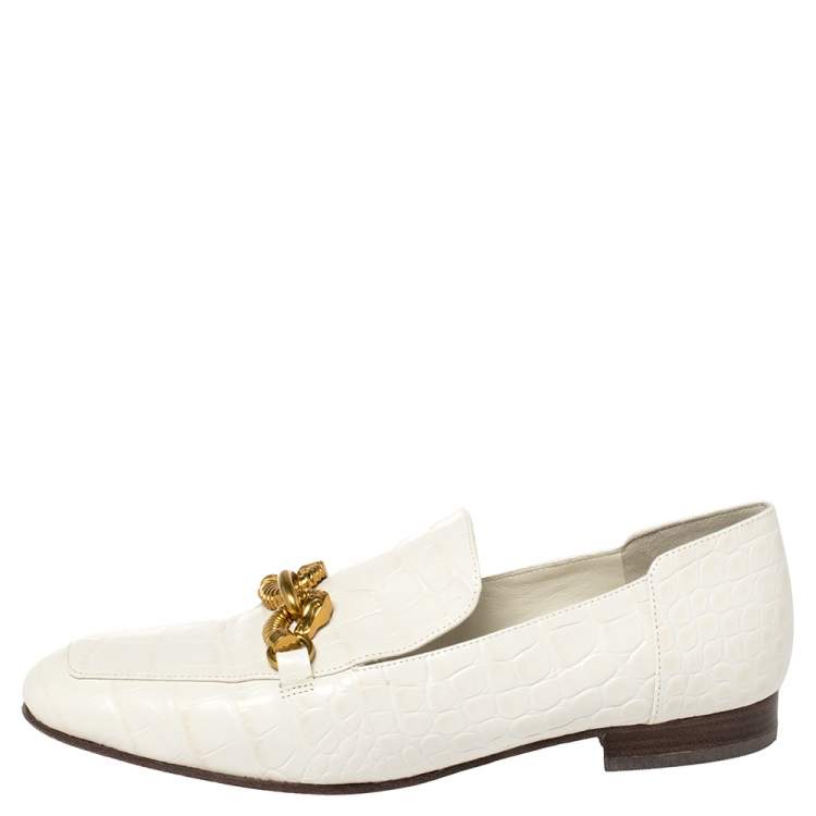 Pre Owned Tory Burch White Croc Embossed Leather Jessa Loafers Size 38