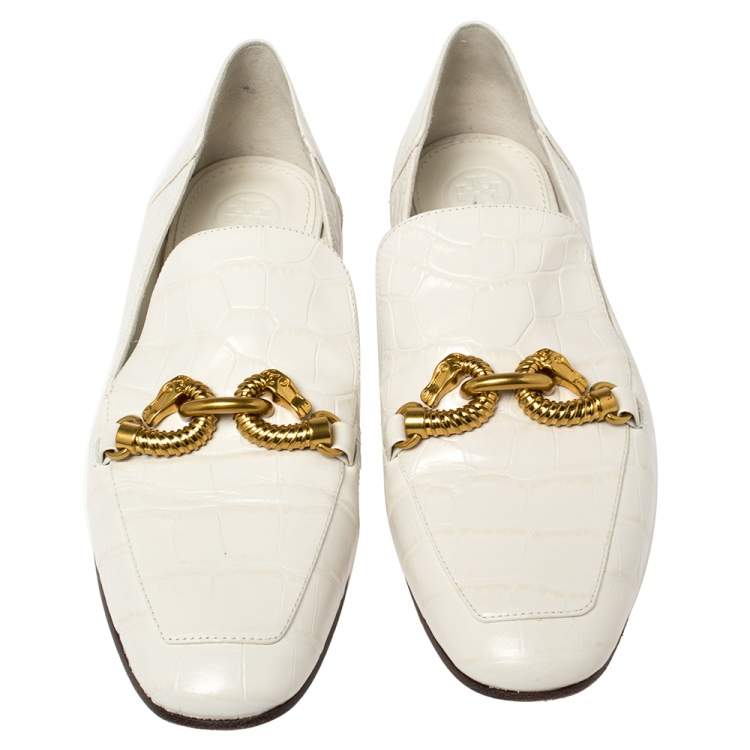 Pre Owned Tory Burch White Croc Embossed Leather Jessa Loafers Size 38