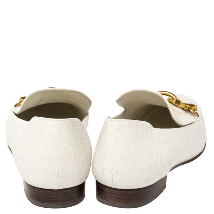 Pre Owned Tory Burch White Croc Embossed Leather Jessa Loafers Size 38