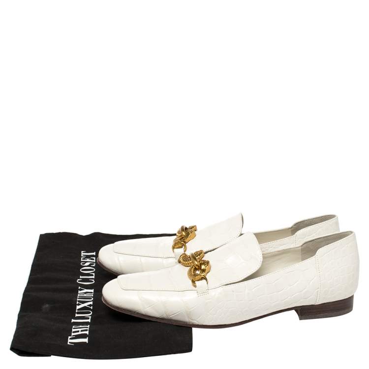 Pre Owned Tory Burch White Croc Embossed Leather Jessa Loafers Size 38