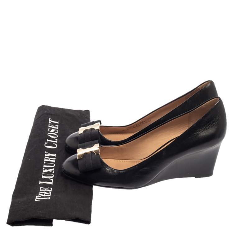 Pre Owned Tory Burch Black Gemini Link Bow Wedge Pumps Size 36.5