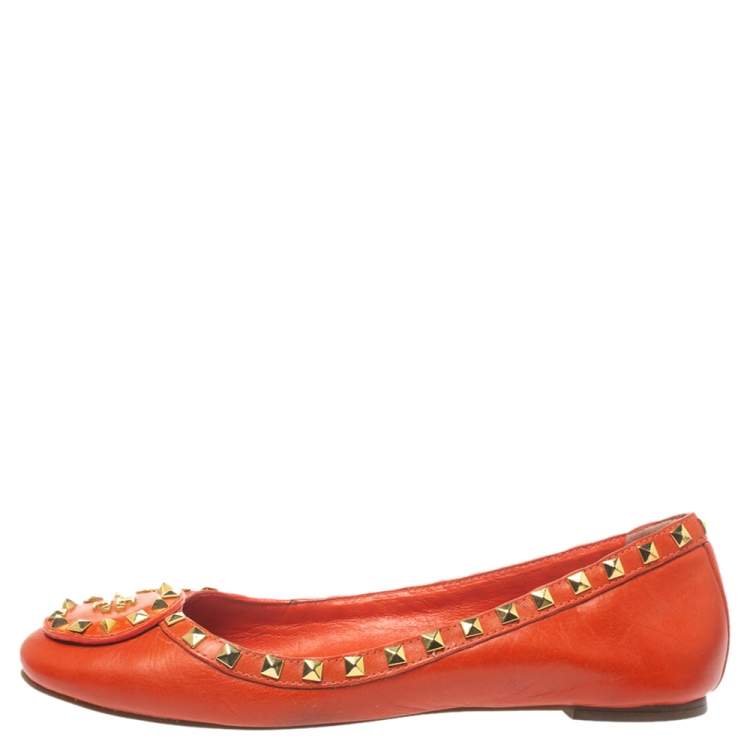 Pre Owned Tory Burch Orange Leather Studded Ballet Flats Size 40