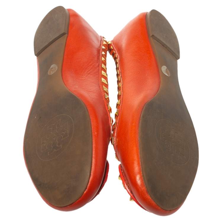 Pre Owned Tory Burch Orange Leather Studded Ballet Flats Size 40