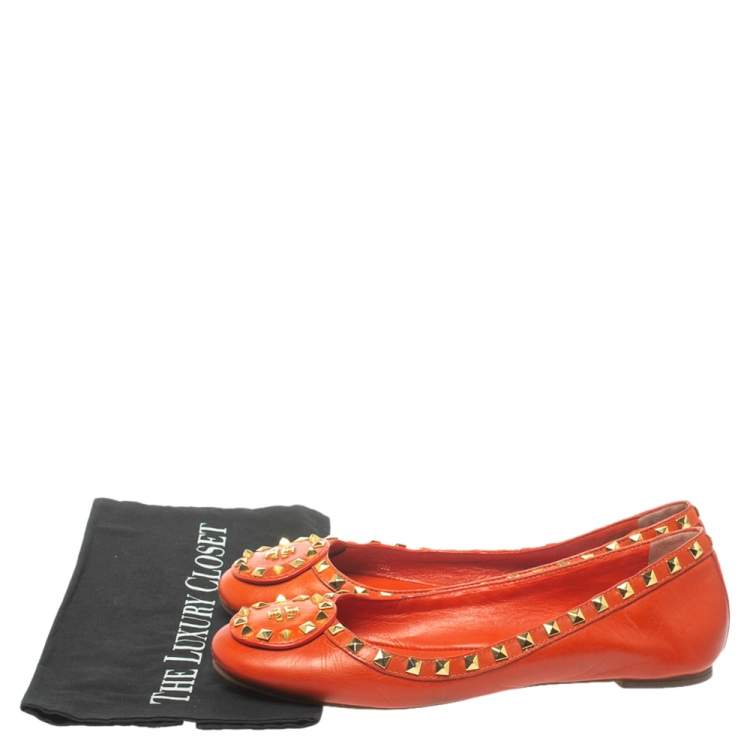 Pre Owned Tory Burch Orange Leather Studded Ballet Flats Size 40