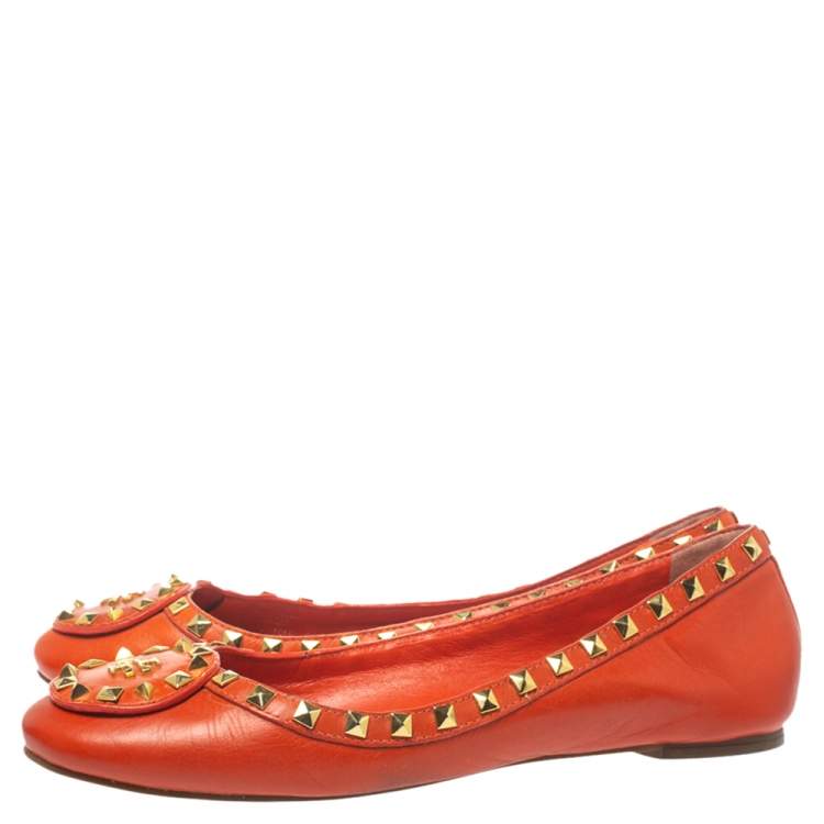 Pre Owned Tory Burch Orange Leather Studded Ballet Flats Size 40