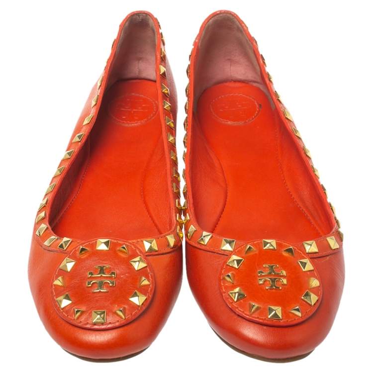 Pre Owned Tory Burch Orange Leather Studded Ballet Flats Size 40