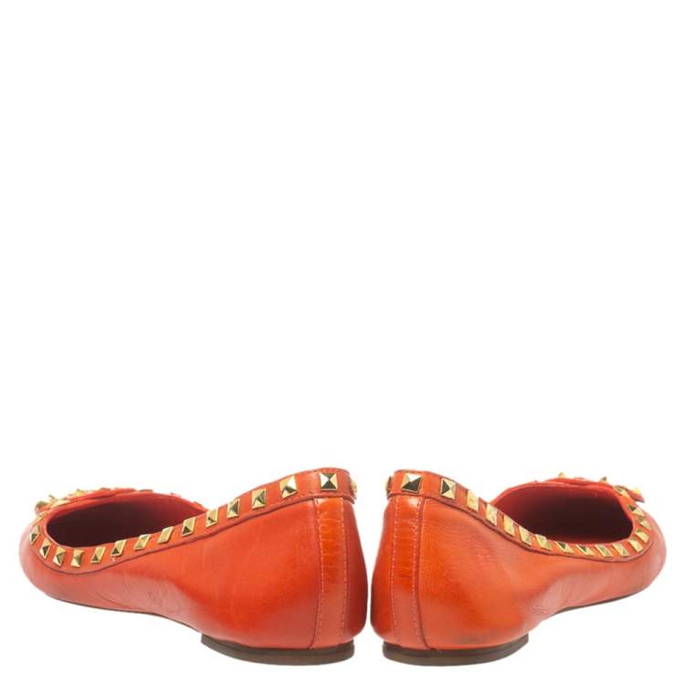 Pre Owned Tory Burch Orange Leather Studded Ballet Flats Size 40