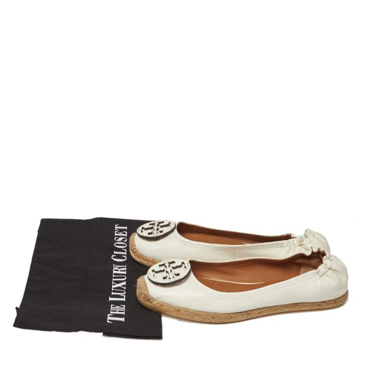Pre Owned Tory Burch White Leather Reva Logo Espadrille Ballet Size 38