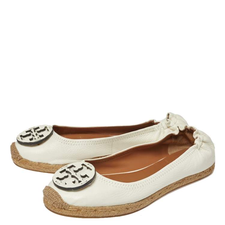 Pre Owned Tory Burch White Leather Reva Logo Espadrille Ballet Size 38