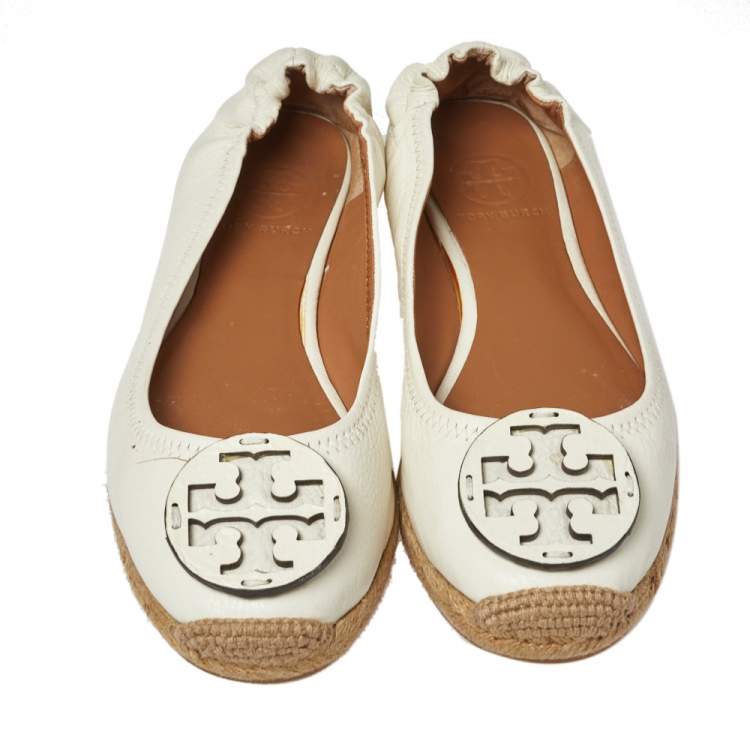 Pre Owned Tory Burch White Leather Reva Logo Espadrille Ballet Size 38