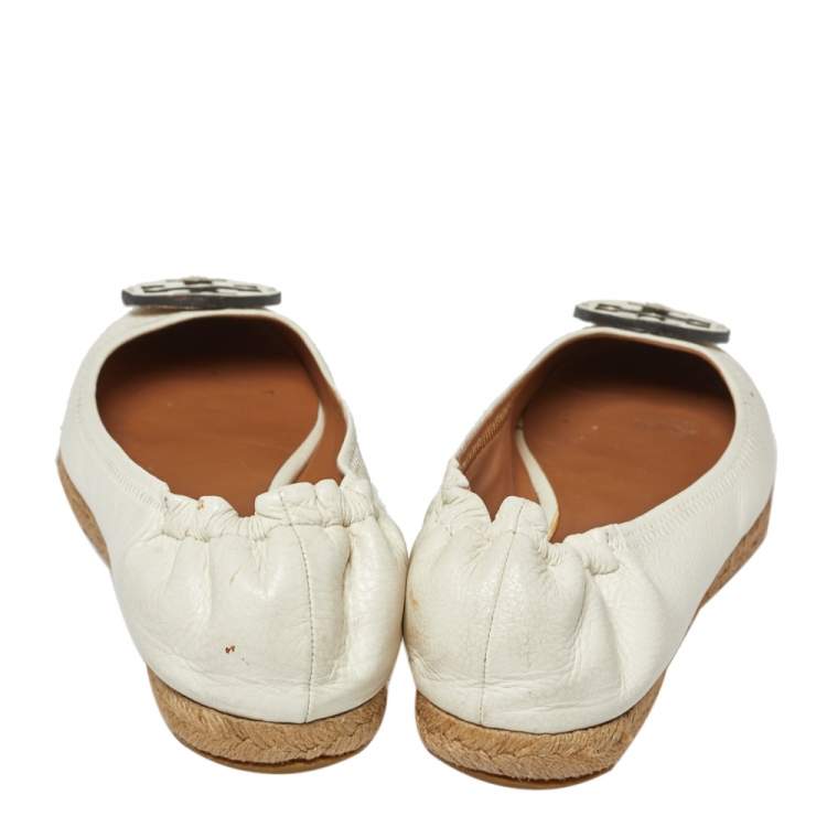 Pre Owned Tory Burch White Leather Reva Logo Espadrille Ballet Size 38