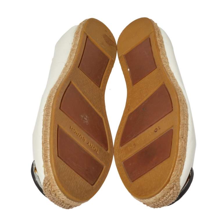 Pre Owned Tory Burch White Leather Reva Logo Espadrille Ballet Size 38