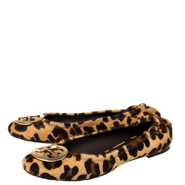 Pre Owned Tory Burch Beige Leopard Print Calf Hair Reva Ballet Flats Size 39