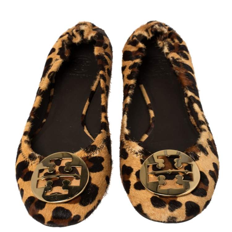 Pre Owned Tory Burch Beige Leopard Print Calf Hair Reva Ballet Flats Size 39