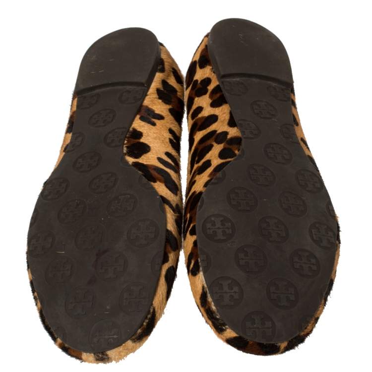Pre Owned Tory Burch Beige Leopard Print Calf Hair Reva Ballet Flats Size 39