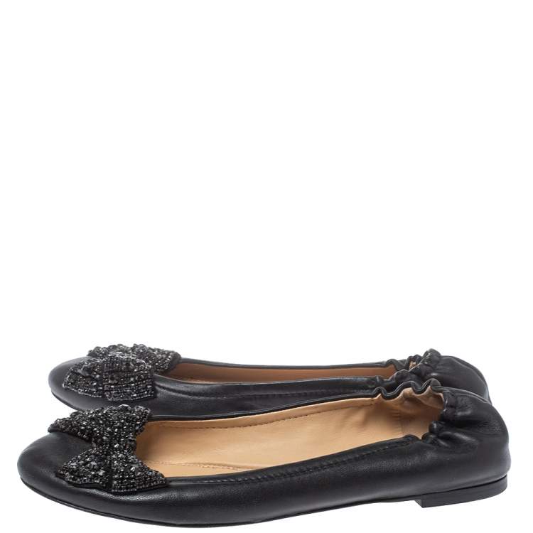 Pre Owned  Tory Burch Black Leather Azalea Scrunch Ballet Flats Size 39