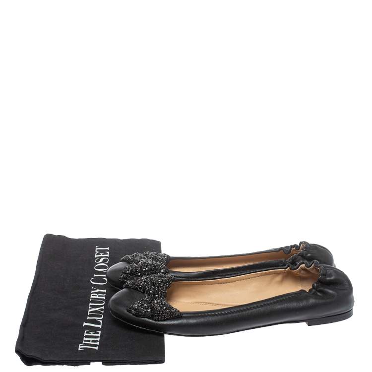 Pre Owned  Tory Burch Black Leather Azalea Scrunch Ballet Flats Size 39