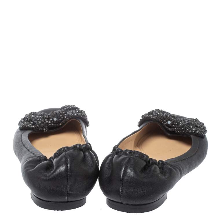 Pre Owned  Tory Burch Black Leather Azalea Scrunch Ballet Flats Size 39