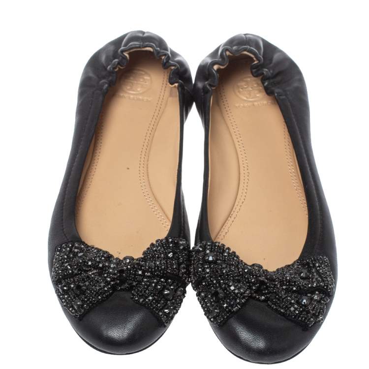 Pre Owned  Tory Burch Black Leather Azalea Scrunch Ballet Flats Size 39