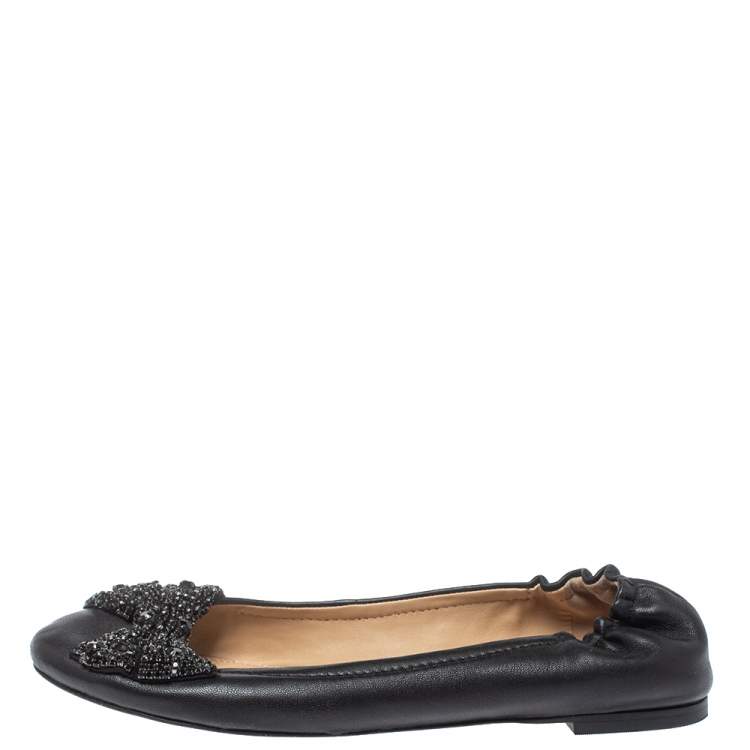 Pre Owned  Tory Burch Black Leather Azalea Scrunch Ballet Flats Size 39