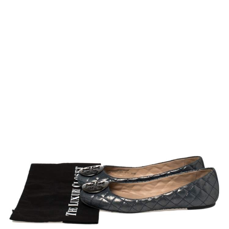 Pre Owned Tory Burch Grey Glitter Leather Reva Scrunch Ballet Flats Size 39.5