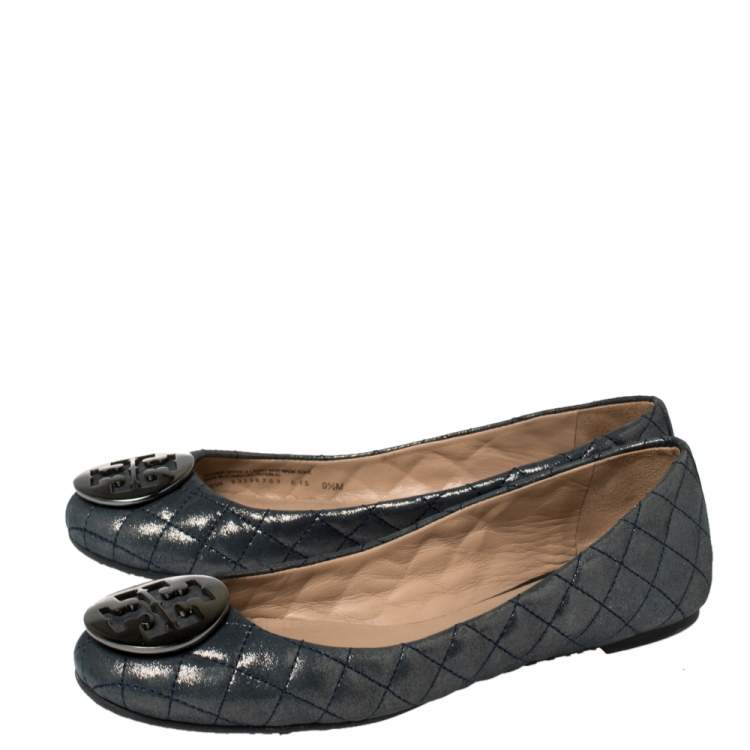 Pre Owned Tory Burch Grey Glitter Leather Reva Scrunch Ballet Flats Size 39.5