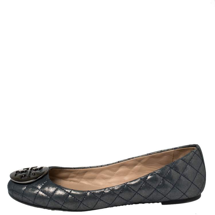 Pre Owned Tory Burch Grey Glitter Leather Reva Scrunch Ballet Flats Size 39.5