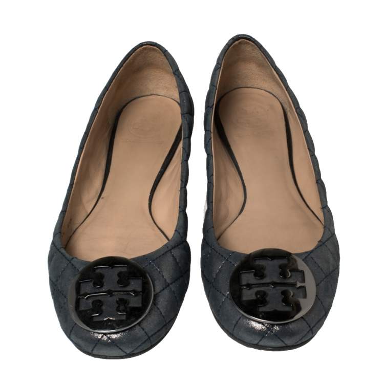 Pre Owned Tory Burch Grey Glitter Leather Reva Scrunch Ballet Flats Size 39.5
