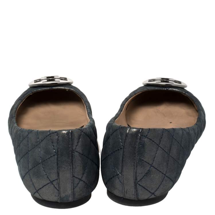 Pre Owned Tory Burch Grey Glitter Leather Reva Scrunch Ballet Flats Size 39.5