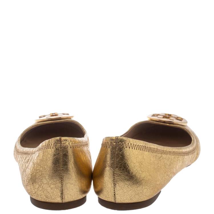 Pre Owned Tory Burch Gold Leather Reva Ballet Flats Size 39