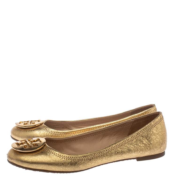 Pre Owned Tory Burch Gold Leather Reva Ballet Flats Size 39