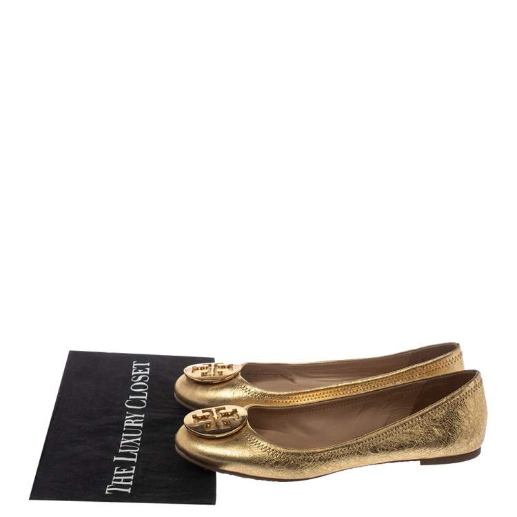 Pre Owned Tory Burch Gold Leather Reva Ballet Flats Size 39
