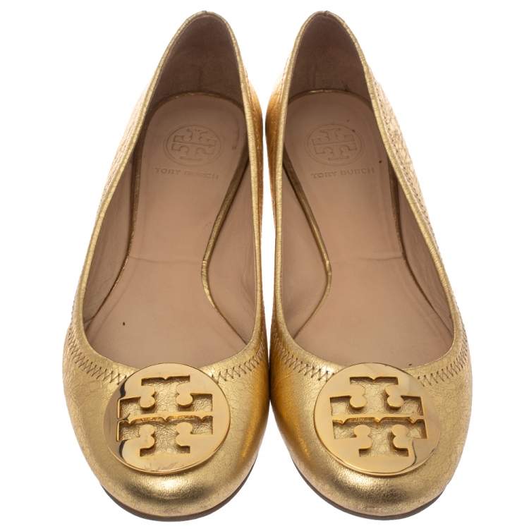 Pre Owned Tory Burch Gold Leather Reva Ballet Flats Size 39