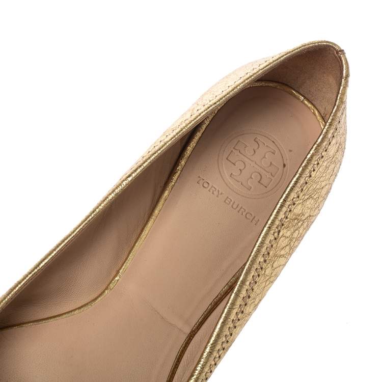 Pre Owned Tory Burch Gold Leather Reva Ballet Flats Size 39