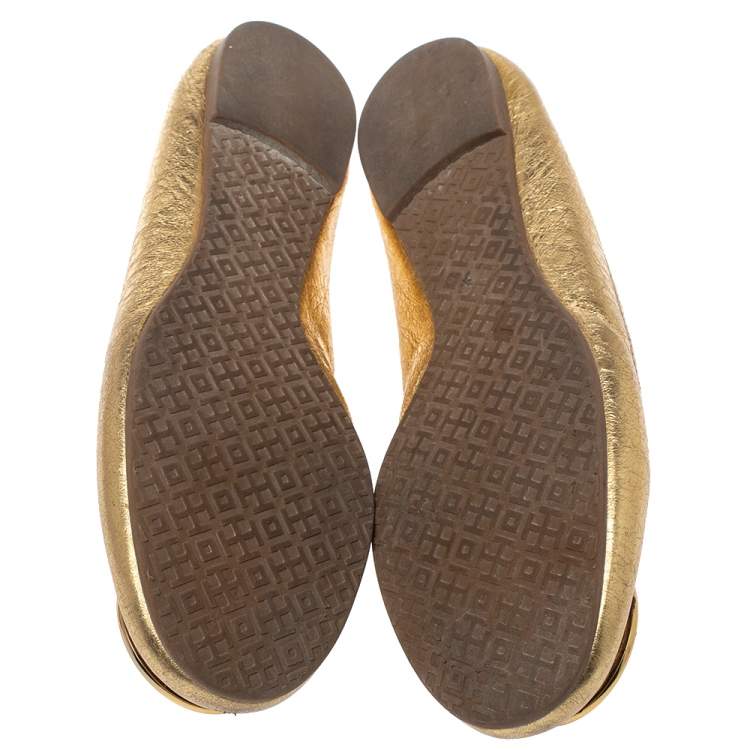 Pre Owned Tory Burch Gold Leather Reva Ballet Flats Size 39