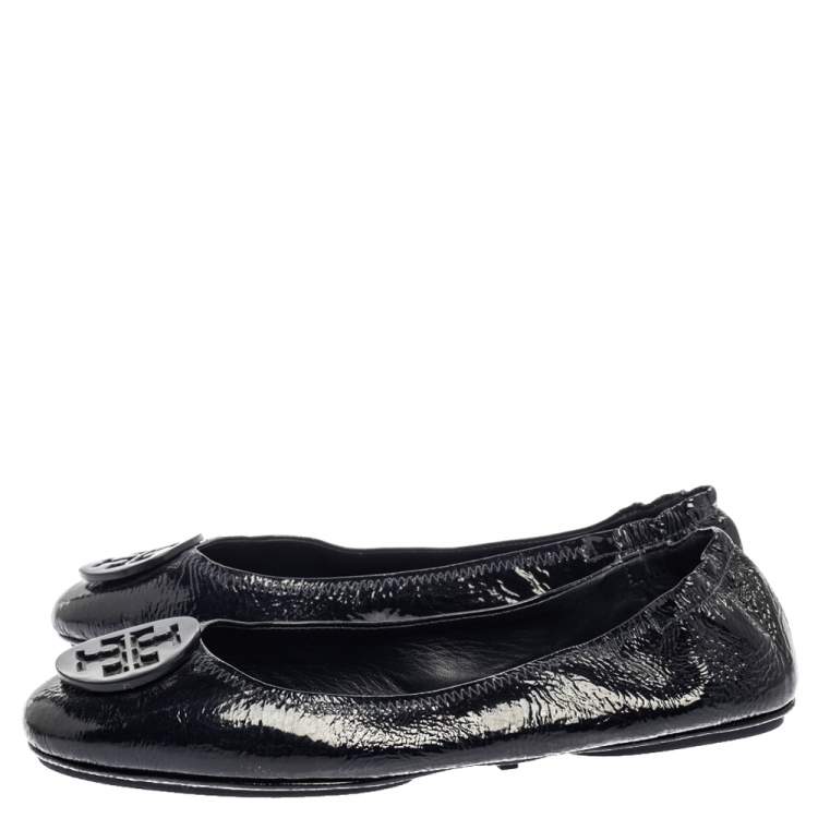 Pre Owned Tory Burch Black Patent Leather Reva Scrunch Ballet Flats Size 39.5