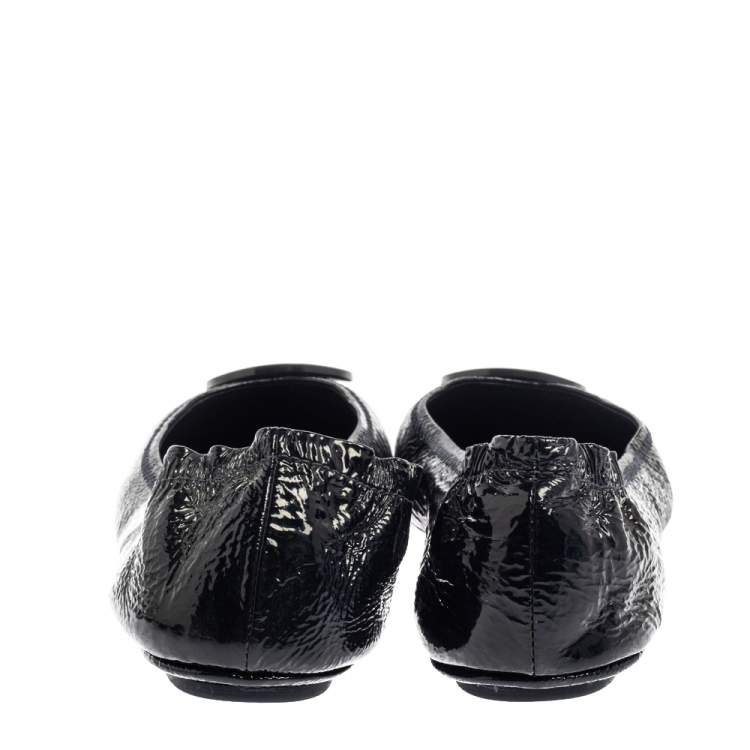 Pre Owned Tory Burch Black Patent Leather Reva Scrunch Ballet Flats Size 39.5