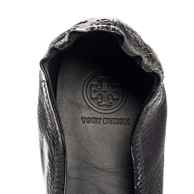 Pre Owned Tory Burch Black Patent Leather Reva Scrunch Ballet Flats Size 39.5