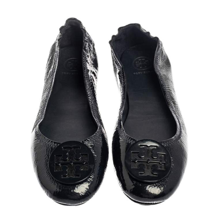 Pre Owned Tory Burch Black Patent Leather Reva Scrunch Ballet Flats Size 39.5
