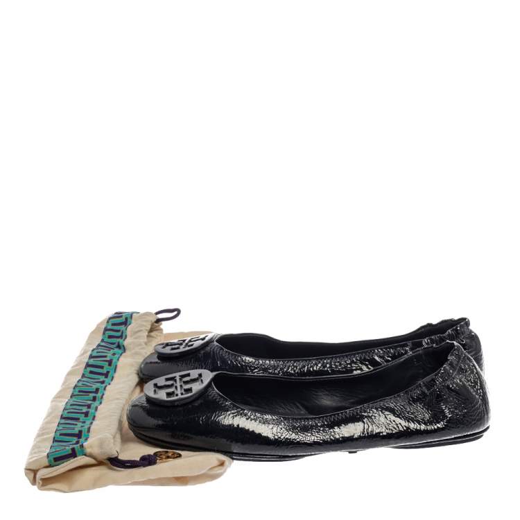 Pre Owned Tory Burch Black Patent Leather Reva Scrunch Ballet Flats Size 39.5