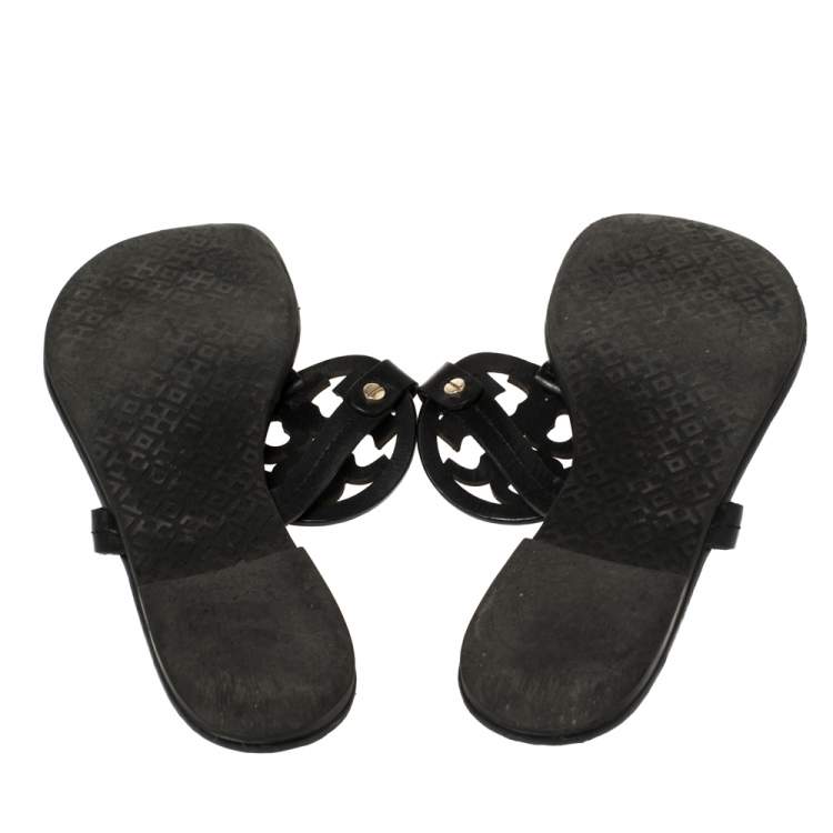 Pre Owned Tory Burch Black Leather Miller Slide Flats Size 39