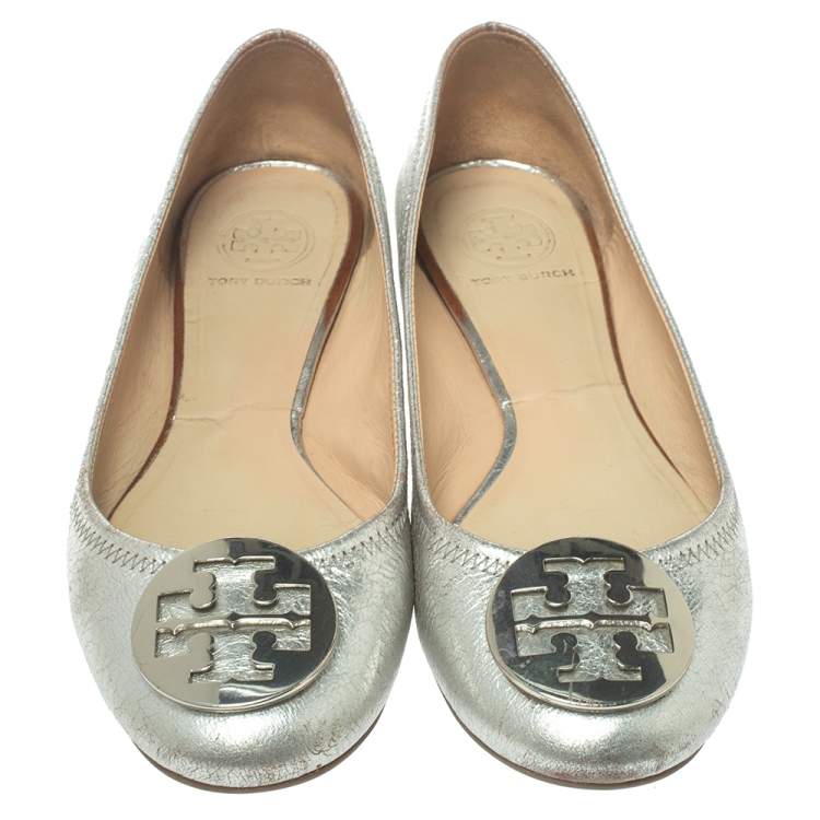 Pre Owned Tory Burch Silver Leather Reva Scrunch Ballet Flats Size 39