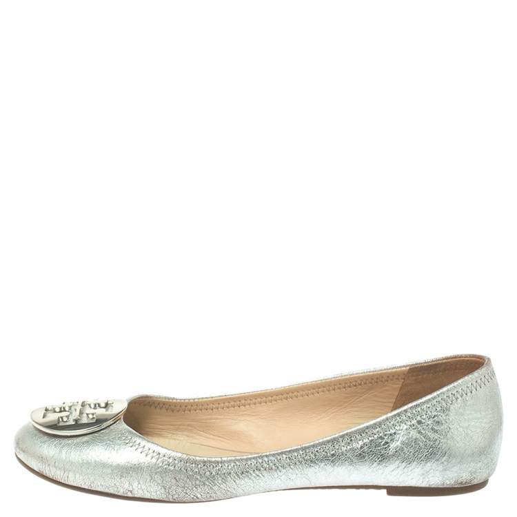 Pre Owned Tory Burch Silver Leather Reva Scrunch Ballet Flats Size 39