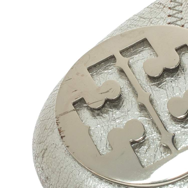 Pre Owned Tory Burch Silver Leather Reva Scrunch Ballet Flats Size 39