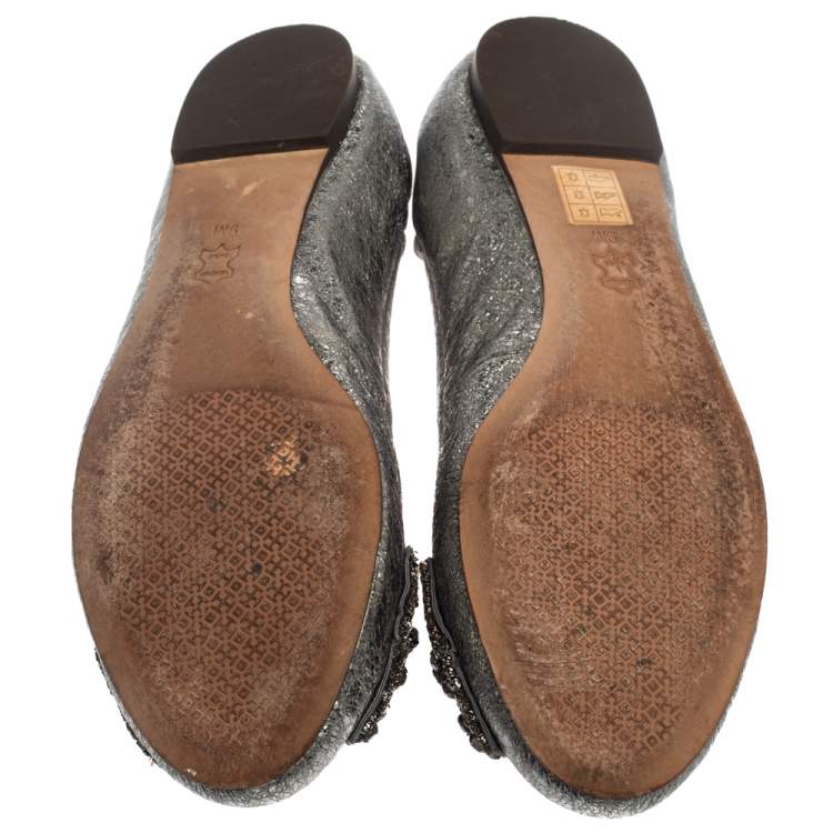 Pre Owned Tory Burch Silver Leather Azalea Bow Ballet Flats Size 39
