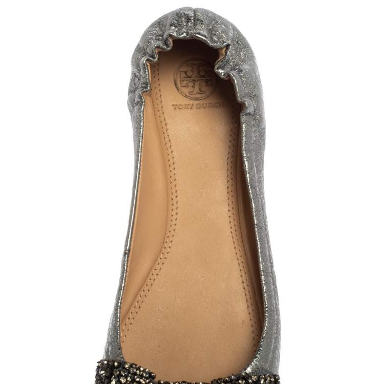 Pre Owned Tory Burch Silver Leather Azalea Bow Ballet Flats Size 39