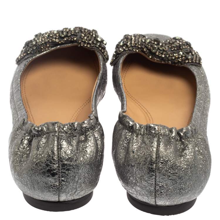 Pre Owned Tory Burch Silver Leather Azalea Bow Ballet Flats Size 39
