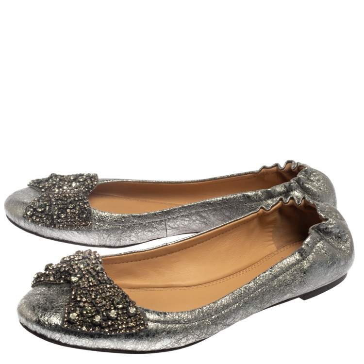 Pre Owned Tory Burch Silver Leather Azalea Bow Ballet Flats Size 39