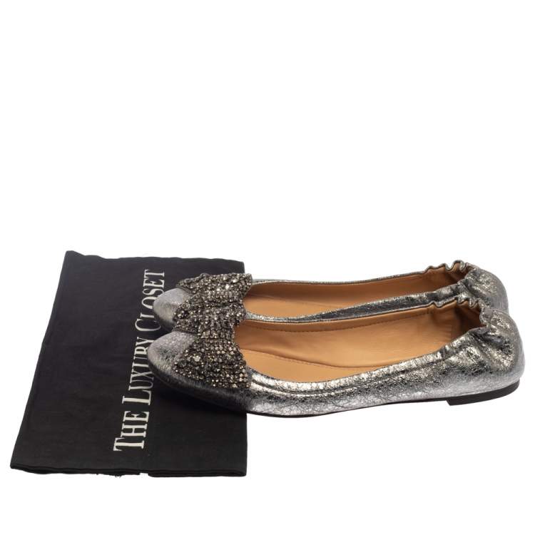 Pre Owned Tory Burch Silver Leather Azalea Bow Ballet Flats Size 39