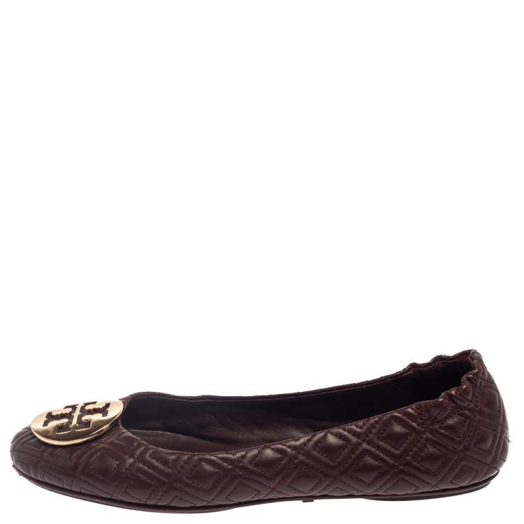 Pre Owned Tory Burch Burgundy Leather Reva Scrunch Ballet Flats Size 38.5 